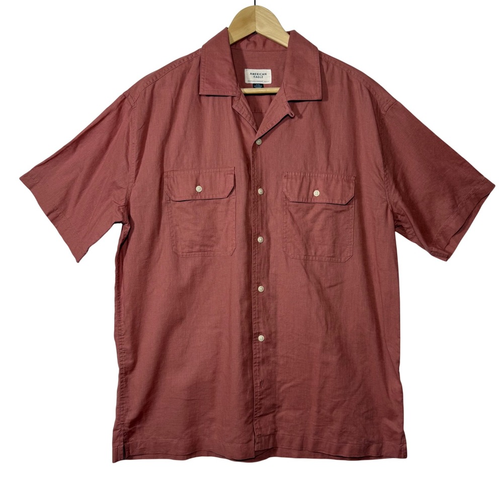 American Eagle Outfitters | Mens M Tall Red Linen Blend Short Sleeve Camp Shirt